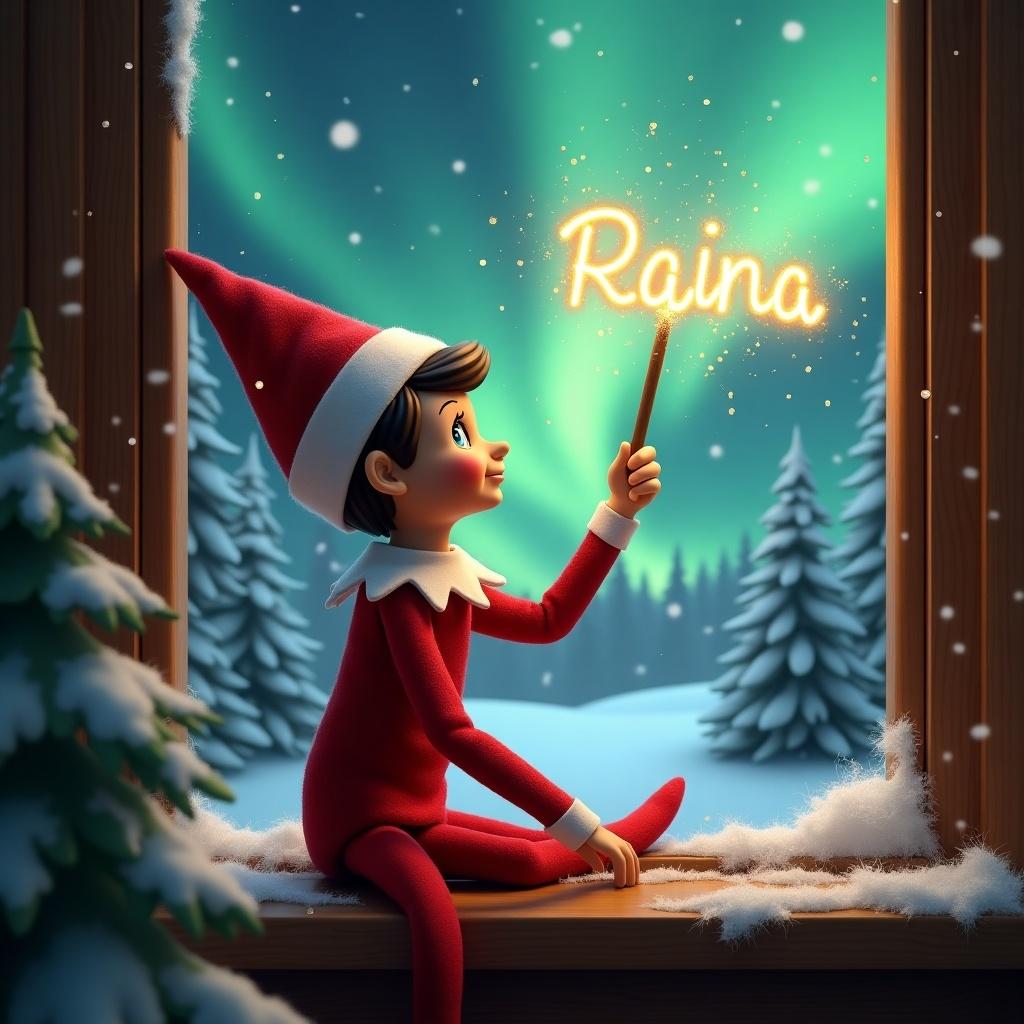 Elf on the shelf sits on a window ledge. The elf wears a red outfit. The elf gazes at the northern lights. One hand holds a wand creating sparks that spell out Raina. Snow-covered pine trees add to the scene.