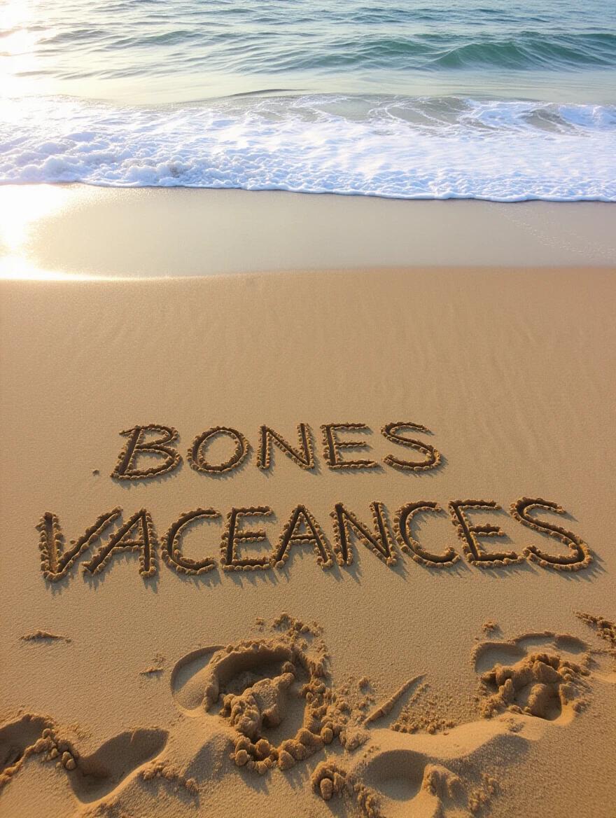 Sand on beach with text. 'BONES VACANCES' is written in sand. Ocean waves are in the background. Warm sunlight reflects off the beach.