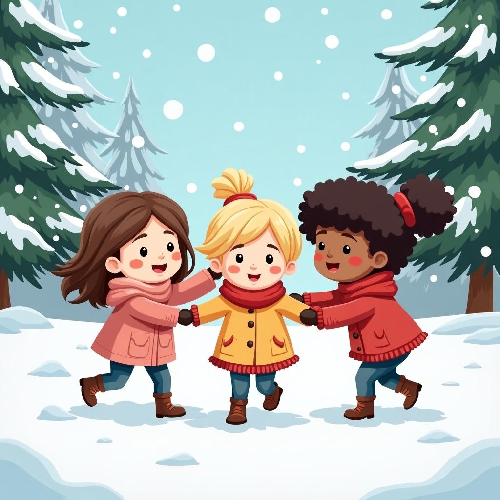 Three little girls in winter attire play joyfully in the snow. One girl has brown hair, another has blonde hair, and the last has curly brown hair. They are surrounded by snow-covered trees and are smiling.