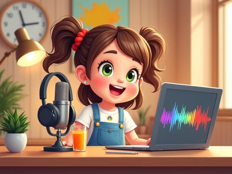 A cartoon-style illustration features a girl aged 10-12 recording a podcast in a cozy studio. The girl has brown hair in pigtails with red ties. She wears a white T-shirt and blue overalls. The scene shows a wooden desk with a microphone, laptop, headphones, and orange juice. The room has warm wooden walls and vibrant paintings. The girl smiles enthusiastically, leaning towards the microphone.