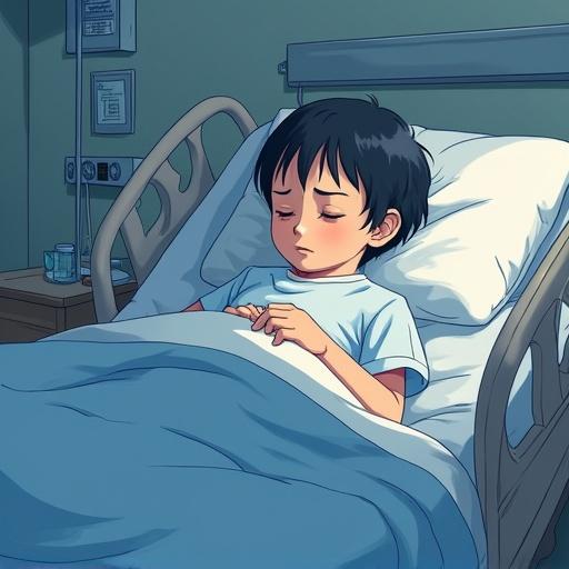 Child peacefully sleeping in a hospital bed surrounded by medical equipment