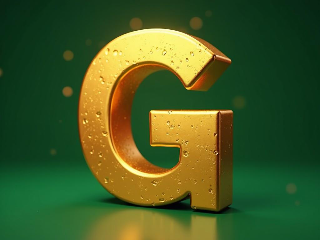 This image features a close-up of a golden letter G on a vibrant green background. The letter has a shiny, metallic finish with water droplets, giving it a 3D animated look. It is slightly angled to showcase its depth and texture. The lighting adds a soft glow, enhancing the cinematic feel of the image. Ideal for use in digital art, logos, or promotional materials.