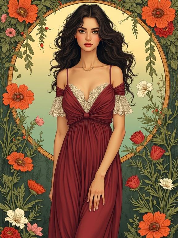 Art Nouveau illustration featuring a German woman standing in a lush garden of vibrant flowers. Woman has wavy dark brown hair and green eyes, wearing a flowing burgundy dress with white lace. Background is filled with stylized flowers and foliage. The lighting is soft and warm, creating a romantic atmosphere.