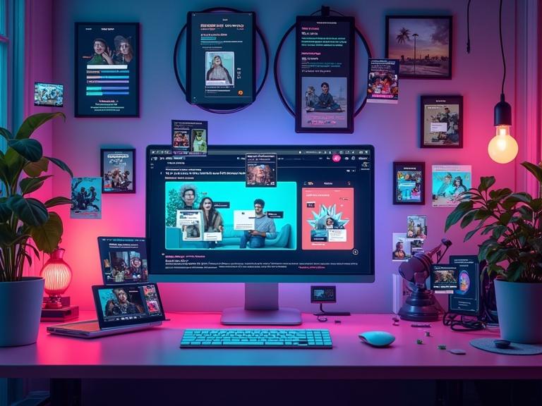 Modern digital workspace with glowing screens showing TikTok videos and social media metrics. Floating above the desk are digital products like e-books and Canva templates. In the background, a 'For You' page effect with thumbnails appears. Blend of creativity and technology represented by flowing lines of data.