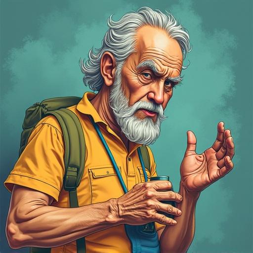 Elderly man in a yellow shirt gesturing hands. The man is expressing thoughts about self-improvement with a calm background.