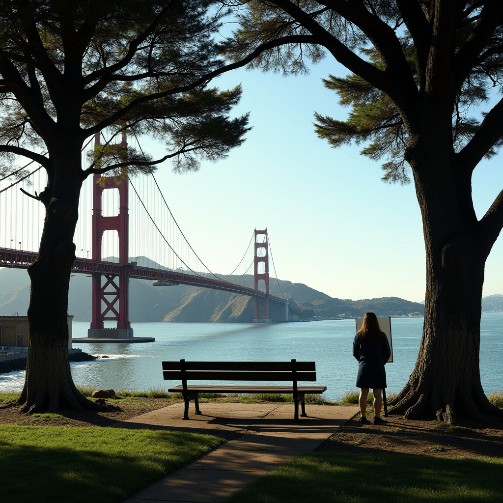 A person stands with an easel, painting the Golden Gate Bridge, framed by two trees and a bench.