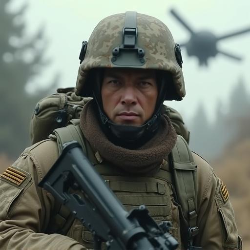 Soldier stands in the foreground. Realistic military action depicted. UFO landing in the background. Dynamic scene captures a moment of tension.