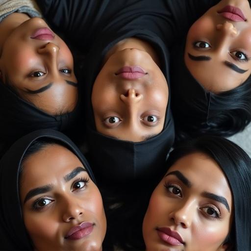 Image of multiple women laying on the floor. They have dark skin, thick eyebrows, and serious expressions. Their eyes are wide open, mouths closed. The women appear to be teachers.