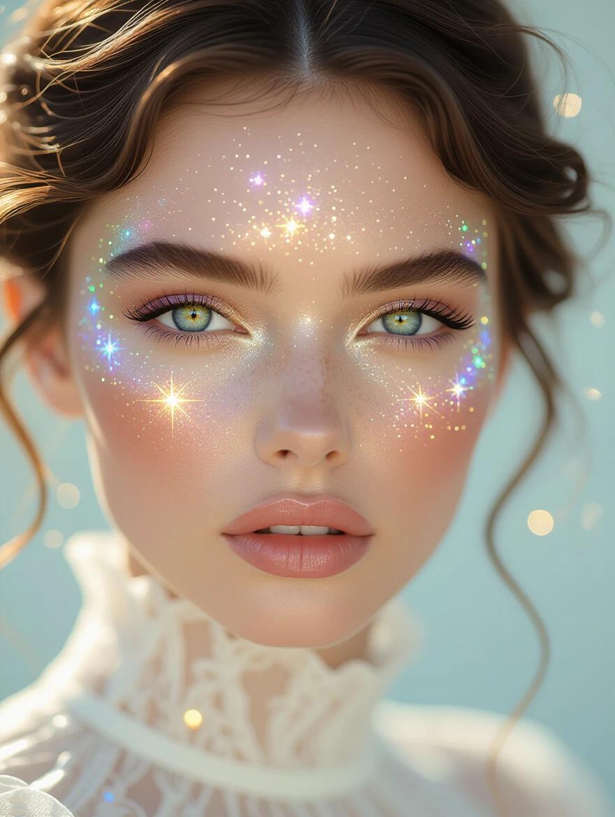 Hauntingly beautiful portrait of an ethereal being. Tears have crystallized into fallen stars scattered across porcelain skin. Shot in dramatic close-up. Subject's face illuminated by golden glow. Tiny star-crystals embedded along cheekbones. Crystallized tears catch light creating rainbows. Eyes with deep melancholy and galaxy-colored irises. Hair flows like liquid mercury catching starlight. Soft bokeh background with distant constellations. Dramatic rim lighting from unseen celestial sources. Medium format film with shallow depth of field. Cinematic color grading with contrasting warm and cool tones. Floating motes of stardust around the portrait. 8K hyperrealistic detail with film grain emulation. Perfect studio lighting setup.