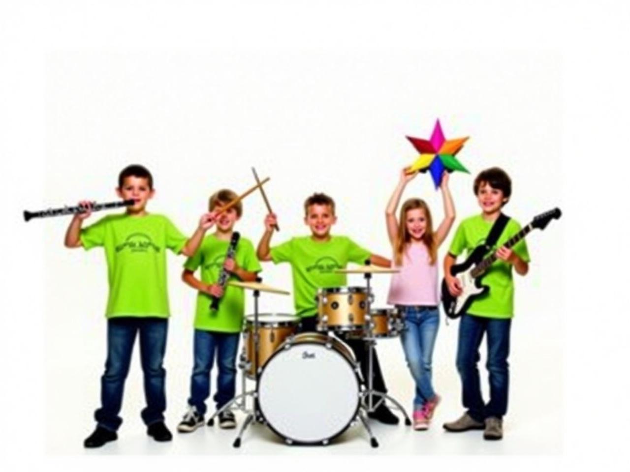 The image shows a group of five children posing as a musical band. They all wear bright green t-shirts, creating a cheerful and cohesive look. One child plays a clarinet, while another sits at a drum set, holding drumsticks. A girl stands proudly with a vibrant, colorful star-shaped prop, and another is holding a microphone, smiling widely. The fifth child plays an electric guitar, adding energy to the scene. The background is plain white, highlighting the fun and playful atmosphere of the children's performance.