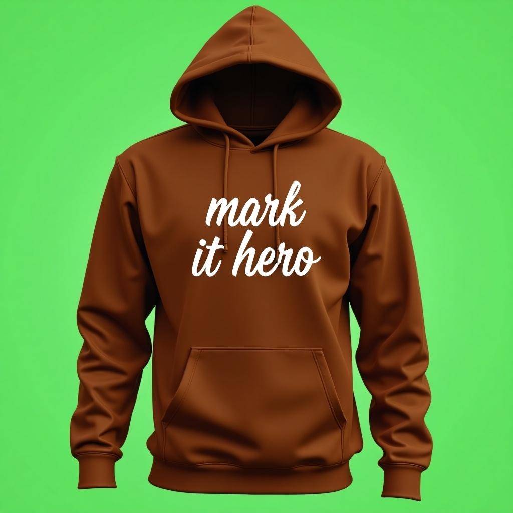 Stylish brown hoodie features the phrase 'mark it hero' in an elegant script font. Set against a plain green background for emphasis. Modern and trendy design for young audience. Suitable for casual wear in various settings.