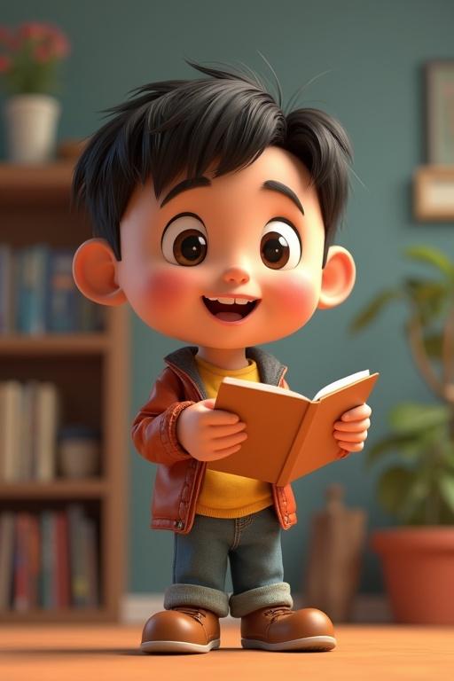 3D animated cartoon character of a happy boy with big eyes holding a book in a cozy room