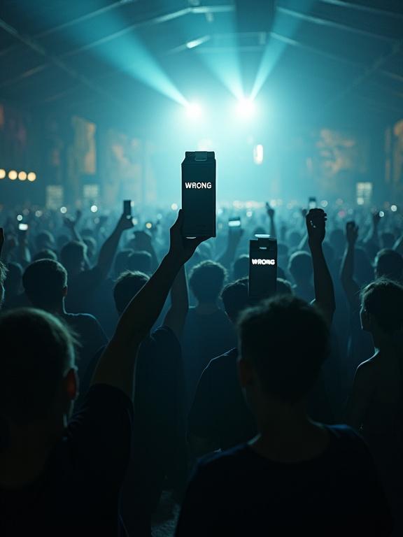 A dark rave inside a warehouse filled with people. Crowd holds dark gray milk cartons labeled 'WRONG'. Cinematic lighting with sharp laser beams. Camera moves through crowd toward DJ booth with a large milk carton pulsing under lights. Background features a chaotic mural, intense colors with strong contrasts. Mood feels uncanny and ritualistic.