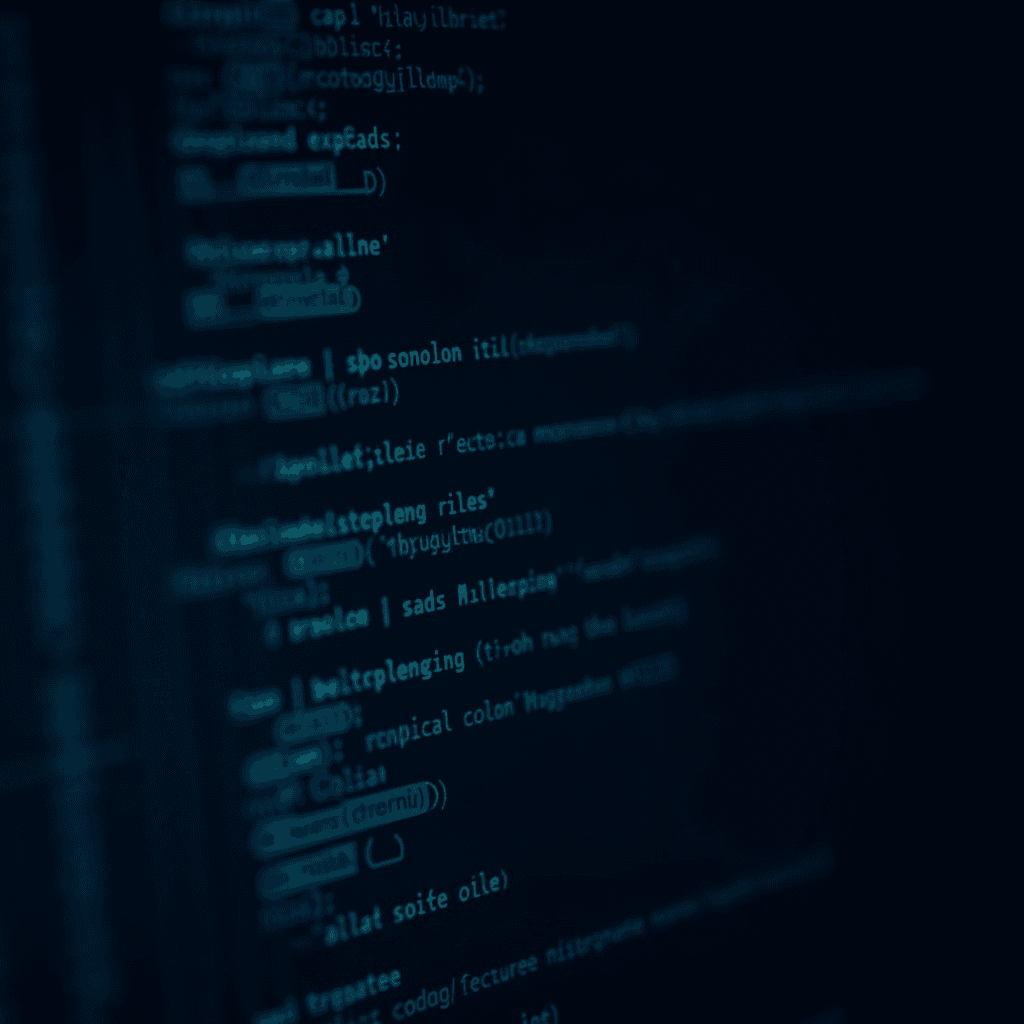 A close-up of lines of code on a dark computer screen, highlighted in bluish hues.