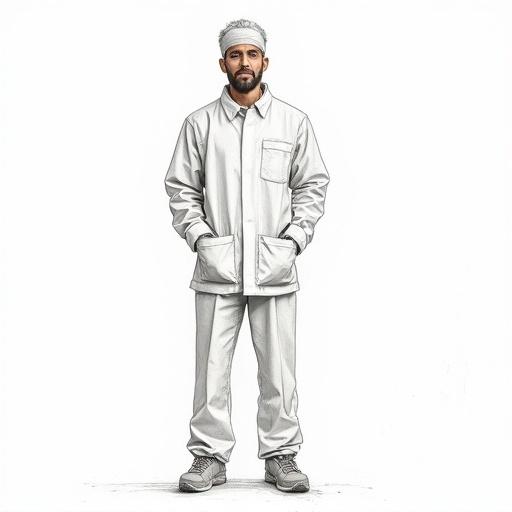 Depict technician in full body standing straight. Use a white background. Technician wears a uniform with pockets and sneakers. Focus on the details of the uniform and the technician's posture.