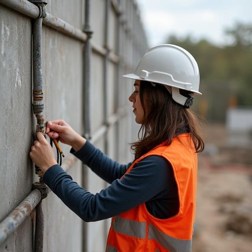 A realistic photo of a woman on a construction site. She inspects an extension cord for safety. Woman wearing a construction helmet and safety vest. Focus on her inspecting the cord.