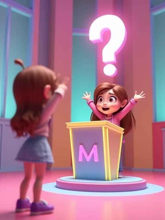 Colorful Pixar-style 3D scene depicting a cheerful game show host in a pastel-colored TV studio with a contestant at a game podium. Contestant appears surprised with wide eyes. Above the host is a large glowing question mark. Bright and warm lighting enhances a humorous playful atmosphere.