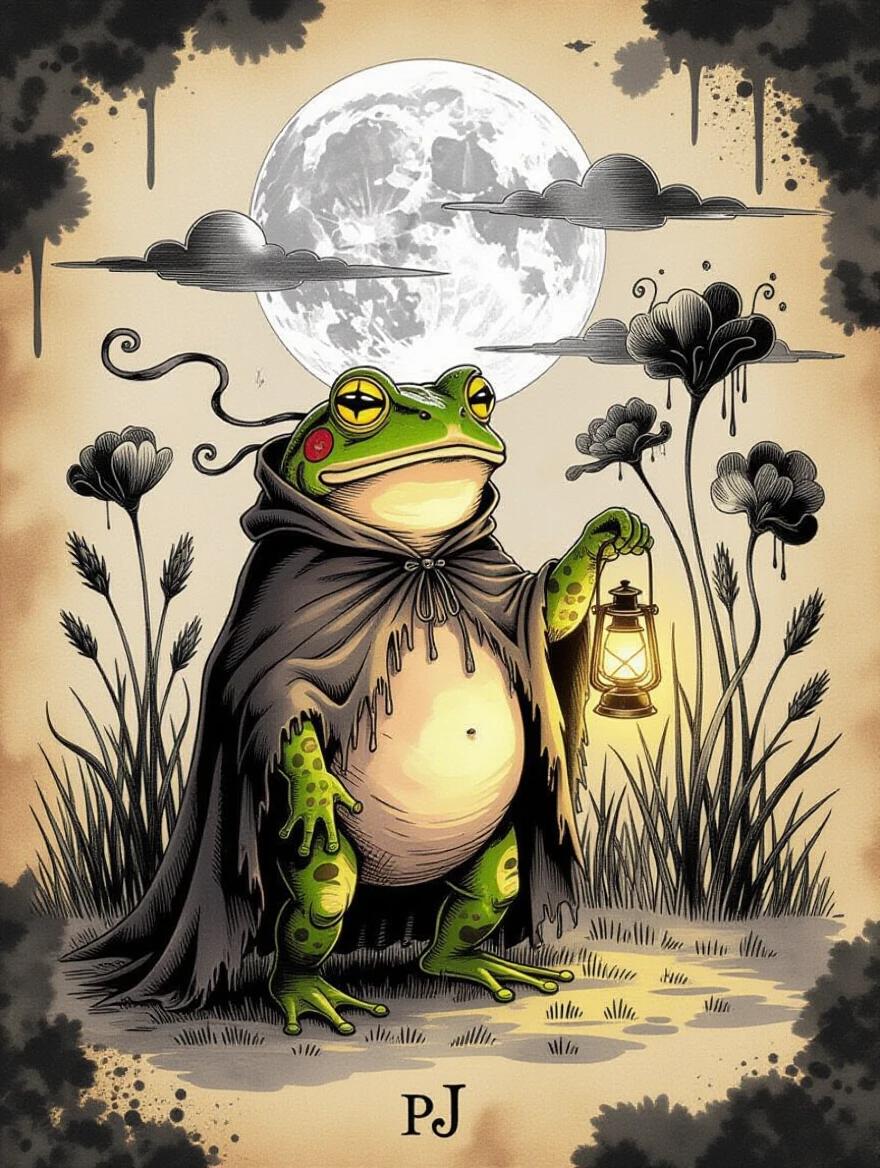 Surreal fairytale ink illustration featuring anthropomorphic toad in overgrown meadow. Frayed cloak and glowing lantern in hand. Surrounded by abstract flowers and tall grasses. Full moon and clouds in the background. Hand-inked charm with imperfect lines. Somber enchanting mood.