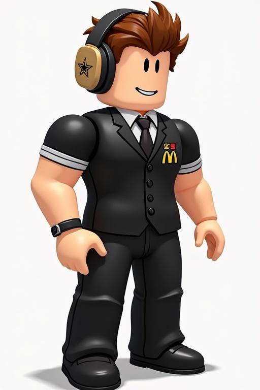 Roblox avatar is dressed in formal black pants and a black McDonald's T-shirt. Avatar has tan combat headset and a stylish hairdo. The character is designed in an anime style with vibrant colors and detailed features.