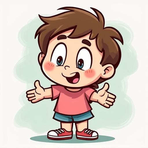 Cartoon character with short hair wearing a pink shirt and shorts. Character is smiling and has arms wide open. Background is light pastel with soft colors.