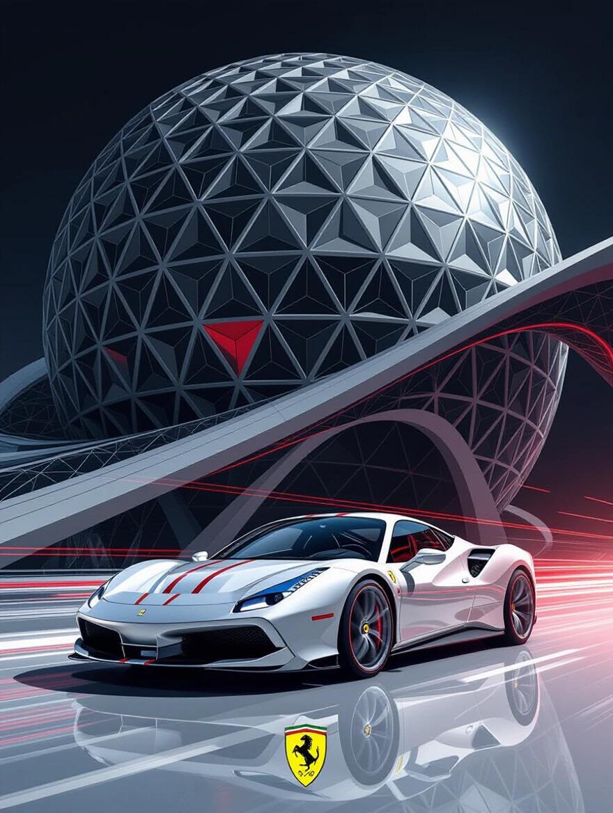 Poster design features an iconic Ferrari car amidst geometric abstraction. The design interweaves speed lines with architectural features of the Ferrari World dome. Dark monochrome color scheme with Ferrari red accents enhances the theme of luxury and performance.