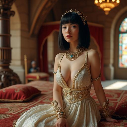 A portrait of a woman resembling a goddess. She is seated on a luxurious bed within a grand medieval royal bedroom. The room contains ornate decorations with heavy draperies and stained glass windows. There is ambient light and mystical elements enhancing her divine presence. She wears an elegant gown with jewels and has a calm expression.