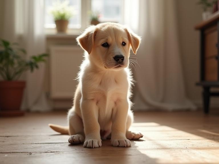 A puppy sitting in a room. The mouth is closed. The puppy looks left and right without any action.