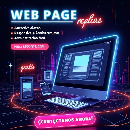 Futuristic digital advertisement promoting web page creation services. Use neon colors like electric blue, magenta, orange. Dark tech-inspired background with glowing lines. Features bold glowing text: Attractive design, Responsive, Easy administration. Phone number highlighted: 980 053 992. Include glowing illustrations of a desktop computer, smartphone showing sample websites. Call-to-action button: ¡CONTÁCTANOS AHORA! in glowing pink/orange. Dynamic and professional feel for businesses.