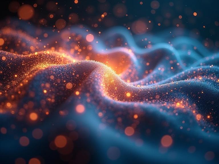 Abstract representation of energy waves and swirling particles related to quantum computing.