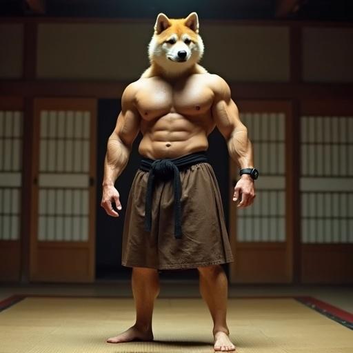Huge muscular bodybuilder has an Akita dog head. He wears a brown aikido kilt and black belt. Barechested with thick pecs and lean abs. He stands barefoot in a traditional dojo.