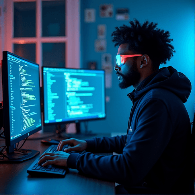 A person wearing red-tinted glasses is intensely working on code at a dual-monitor setup in a dimly lit room with a blue ambiance.