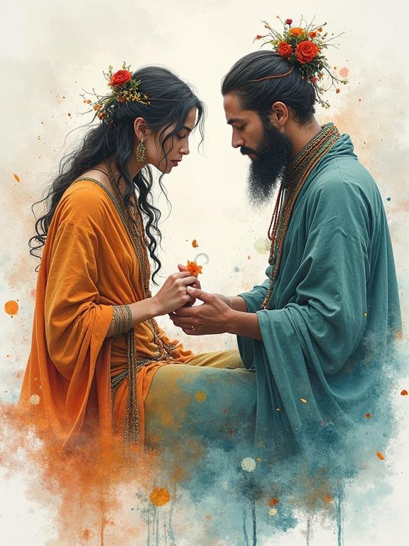 A couple dressed in traditional attire showing a deep connection. One holds a flower while touching each other's hands. Soft colors create a dreamy background.