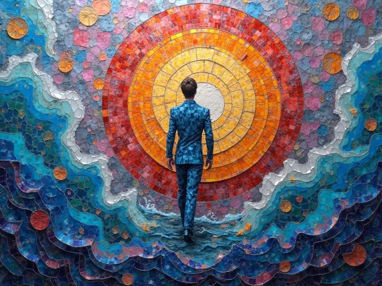 Masterpiece featuring 3D iridescent ceramic tile and glass mosaic. Ethereal and abstract style with encaustic elements. Colorful and flashy mixed media composition.