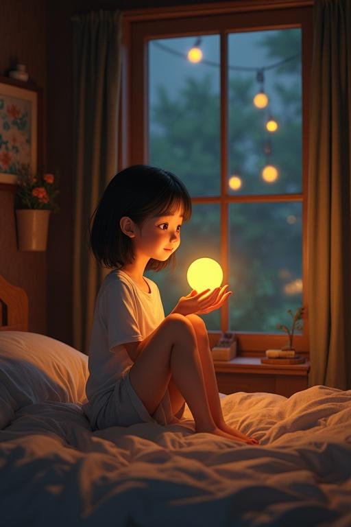 Animated Asian girl sitting in a cozy earthy bedroom Nightlights filtering through the window Creating nostalgia and comfort Glowing yellow orb flickering near her head