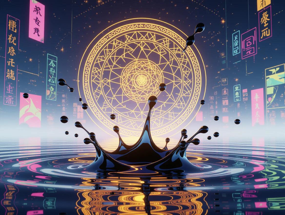 Surreal animation frame in landscape format. Flowing ink-drip tendrils mid-splash. Vaporwave collage shards in midground. Rotating celestial glyphs in background. Ambient particle trails swirl through the frame. Soft bloom halos. Stylized layered cinematic effects.