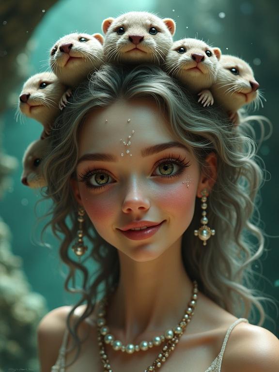 Hyperrealistic portrait of Medusa with otters in hair. Otters are lively and detailed. Medusa has a warm and bubbly personality. Joyful expression and bright eyes. Natural glowing skin and subtle makeup. Ocean-themed jewelry with pearls and coral. Background is a glowing grotto with bioluminescent light. Enchanted atmosphere with photorealistic details.