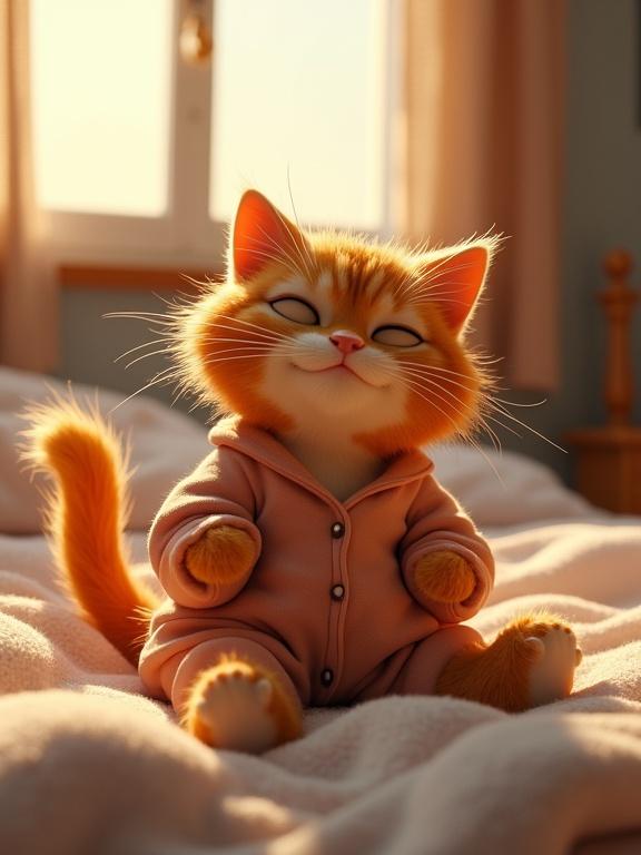 3D render of an anthropomorphic orange tabby cat waking up in bed. Cat has messy fur and is wearing oversized pajamas. Soft morning sunlight is coming through the window. The setting is a cozy small bedroom. The style is Pixar with highly detailed fur and soft shadows.