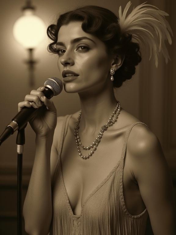 Vintage photograph depicting a beautiful singer in a 1920s flapper club. She holds a microphone and wears a stylish flapper dress. The lighting is warm creating a soft focus effect. Her makeup is classic and her pose flirtatious. The overall atmosphere is intimate and nostalgic.