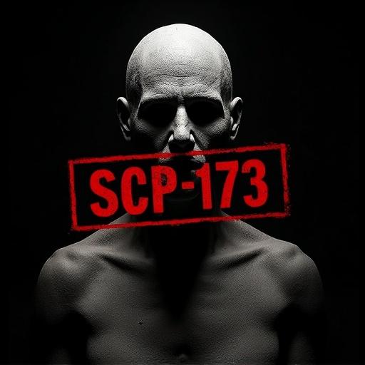 Cinematic horror portrait of a sculpture with harsh side lighting creating deep shadows. Background is pitch black. Red distressed text 'SCP-173' over the image.
