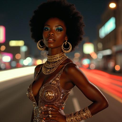 A West African woman with mahogany skin and disco makeup including blue eyeshadow poses in a sequin jumpsuit against a city skyline. She wears bold jewelry and has a vintage film feel.