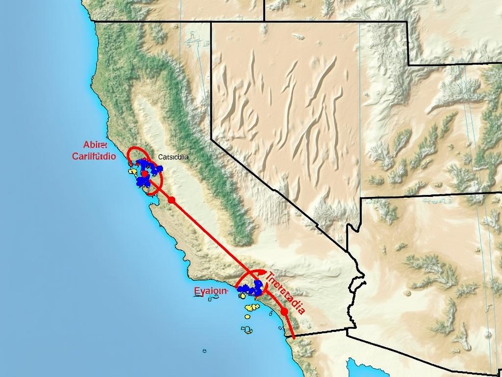 Detailed map indicating the location of a magnitude 8.3 earthquake off the coast of California and its relation to the Cascadia fault. Areas of impact marked with labels.