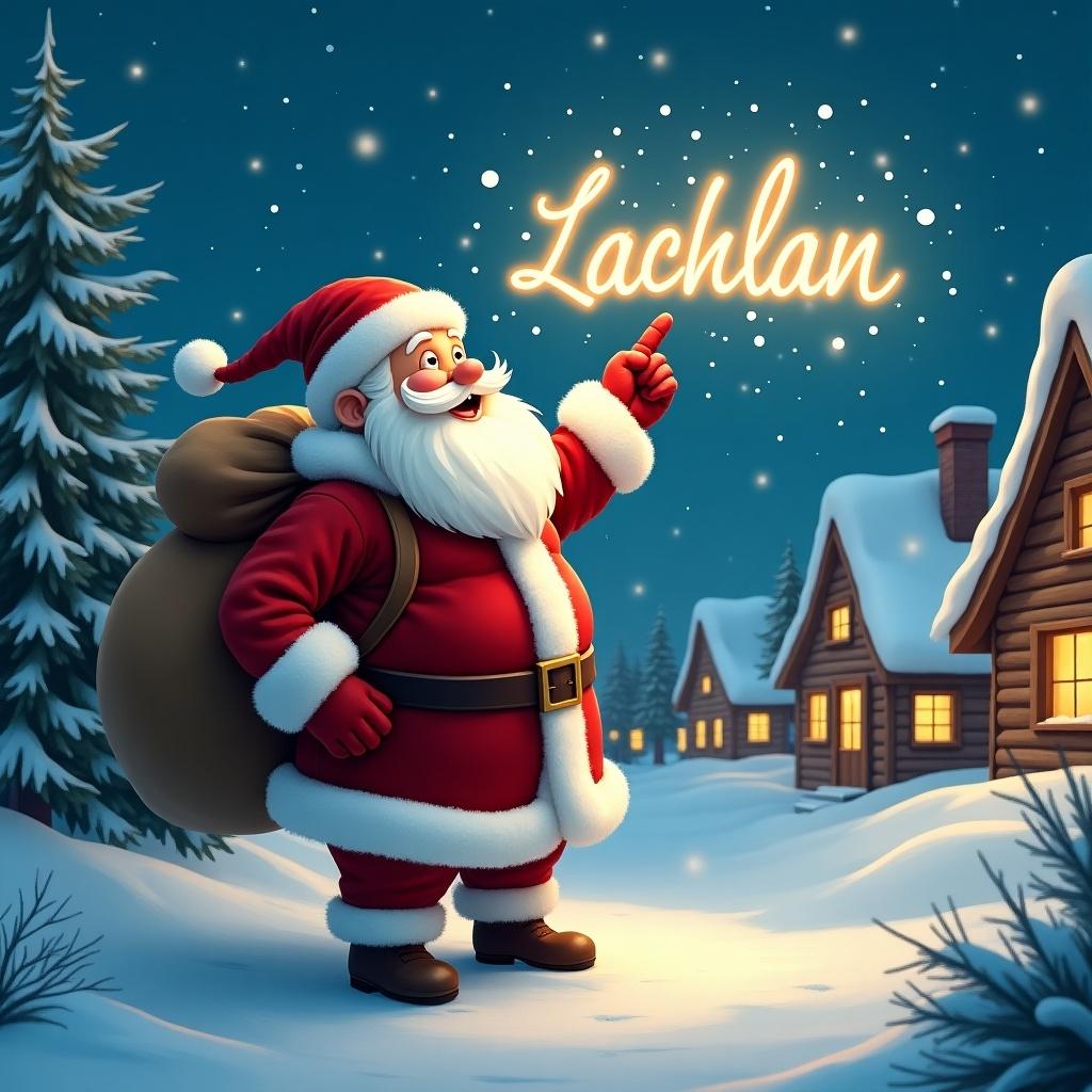 In this enchanting winter scene, Santa Claus is dressed in his iconic red suit, complete with a fluffy white beard and a large sack over his shoulder. He's standing in a snowy village, pointing up at the sky where he is magically writing the name 'Lachlan' with glowing light. Snowflakes gently fall around him, and charming wooden houses with warm lights can be seen in the background, surrounded by evergreen trees. The overall atmosphere is festive and joyful, capturing the spirit of Christmas. This image embodies the wonder of the holiday season, inviting feelings of happiness and nostalgia.