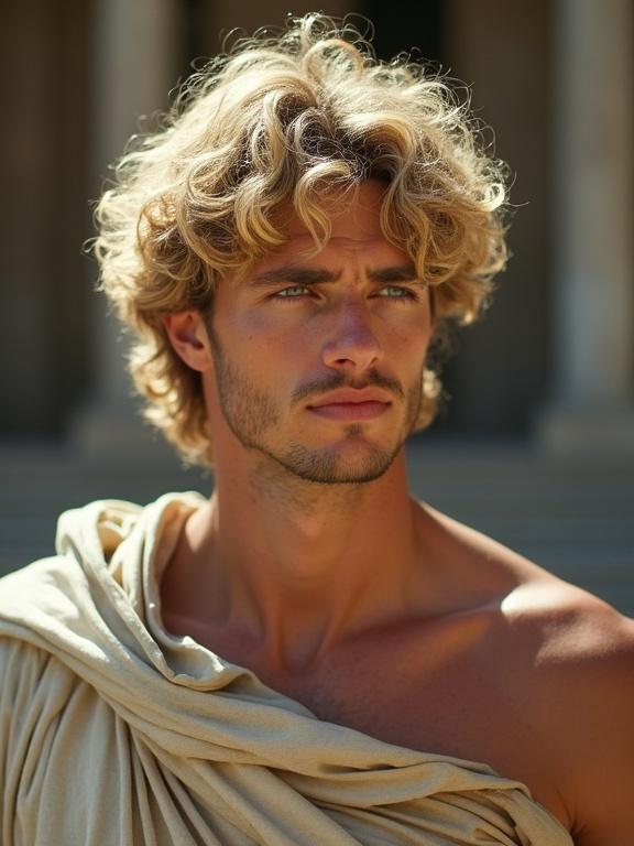Portrait of a young man resembling a Roman emperor. Blonde, curly hair flows around a chiseled face with smooth jaw and grey-green eyes. Torso is visible and partially draped in fabric. Natural lighting in an outdoor setting. Looks to be around 30 years old.
