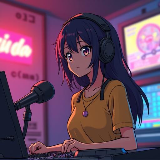Image depicts a girl DJ in a radio station setting. She has headphones and is focused on her equipment. The background features colorful lighting and digital screens.