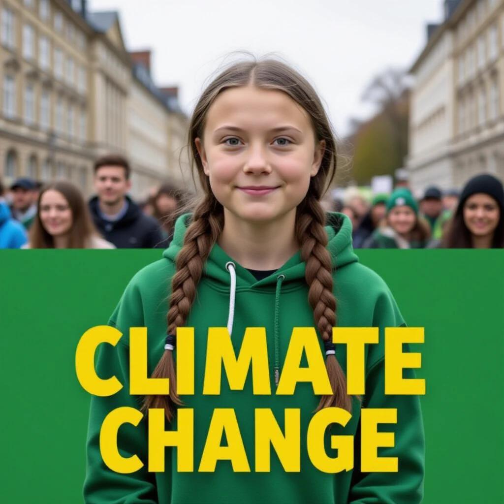 Backdrop is solid green with bright yellow text reading 'Climate Change'. Focus on an activist in the foreground, promoting environmental awareness and activism.