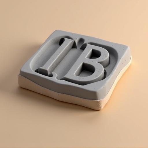 Rectangular grey PLA 3D printed IB monogram stamp pressed into light brown modeling clay. Stamp creates a clear debossed impression in the clay surface. The scene highlights the texture of the clay and the plastic material of the stamp.