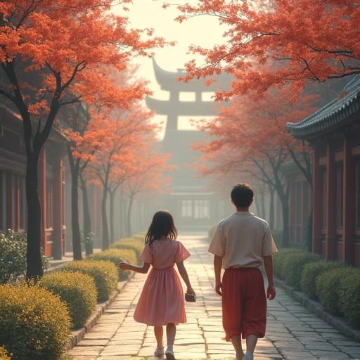 Children walking hand in hand along a scenic pathway lined with autumn trees. Soft golden hour lighting enhances the tranquil atmosphere. The background features traditional architecture, adding cultural depth to the scene.