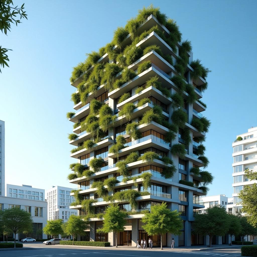 Modern high-rise building with lush greenery on balcony walls. Set against clear blue sky in urban environment.