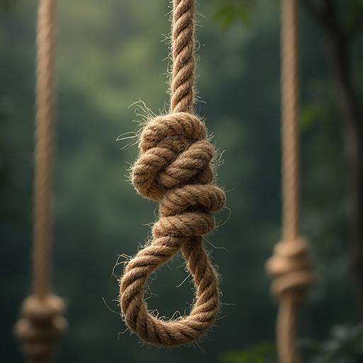 A rope with a noose at the end is hanging. The rope is thick and appears weathered. The background is a soft focus of green trees.