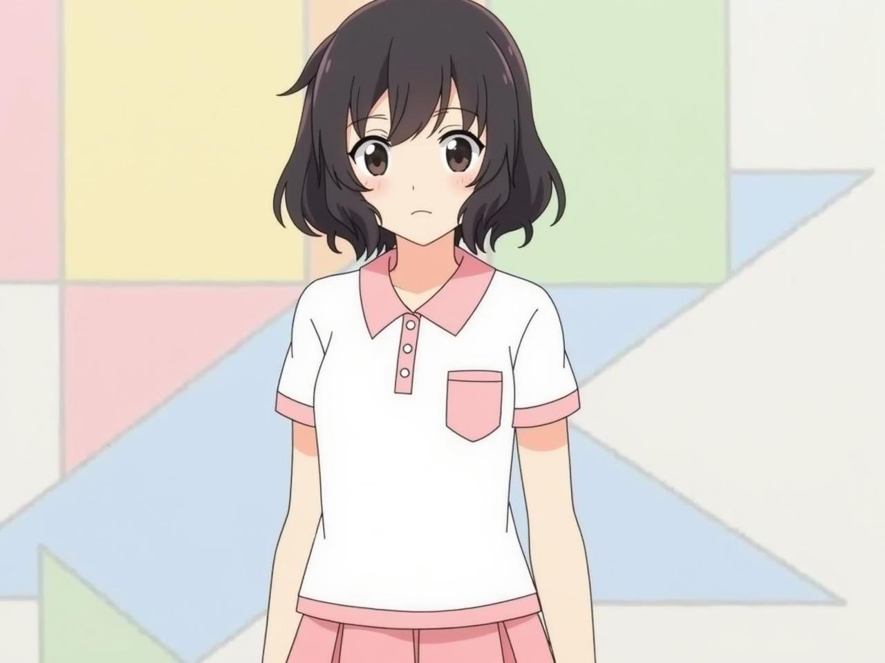 The image shows a cartoon character in a school setting. She has short, dark hair styled with soft waves. The character wears a white polo shirt with a pastel pink collar and a small pocket. Below, she has a pink skirt that gives her a youthful appearance. The background features colorful geometric shapes, adding a playful vibe to the scene. The character's expression is neutral, conveying a calm demeanor.